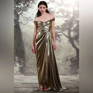 Reem Acra 100% silk gold Bardot dress gown